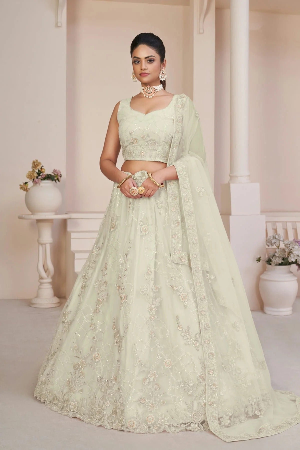 White Colour Embroidery Net Lehenga Choli LD1080856