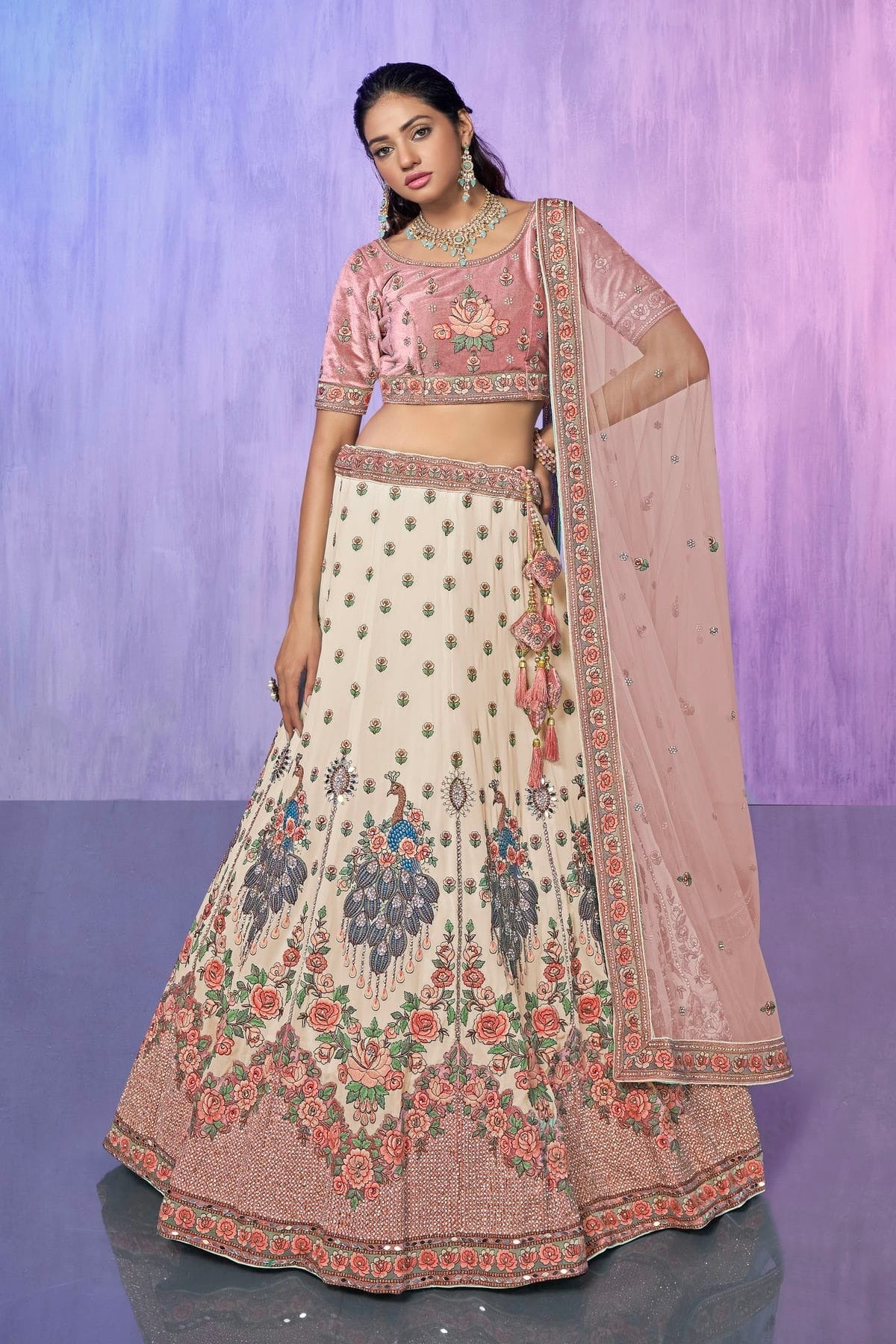White Colour Embroidery Velvet Lehenga Choli LD1080743