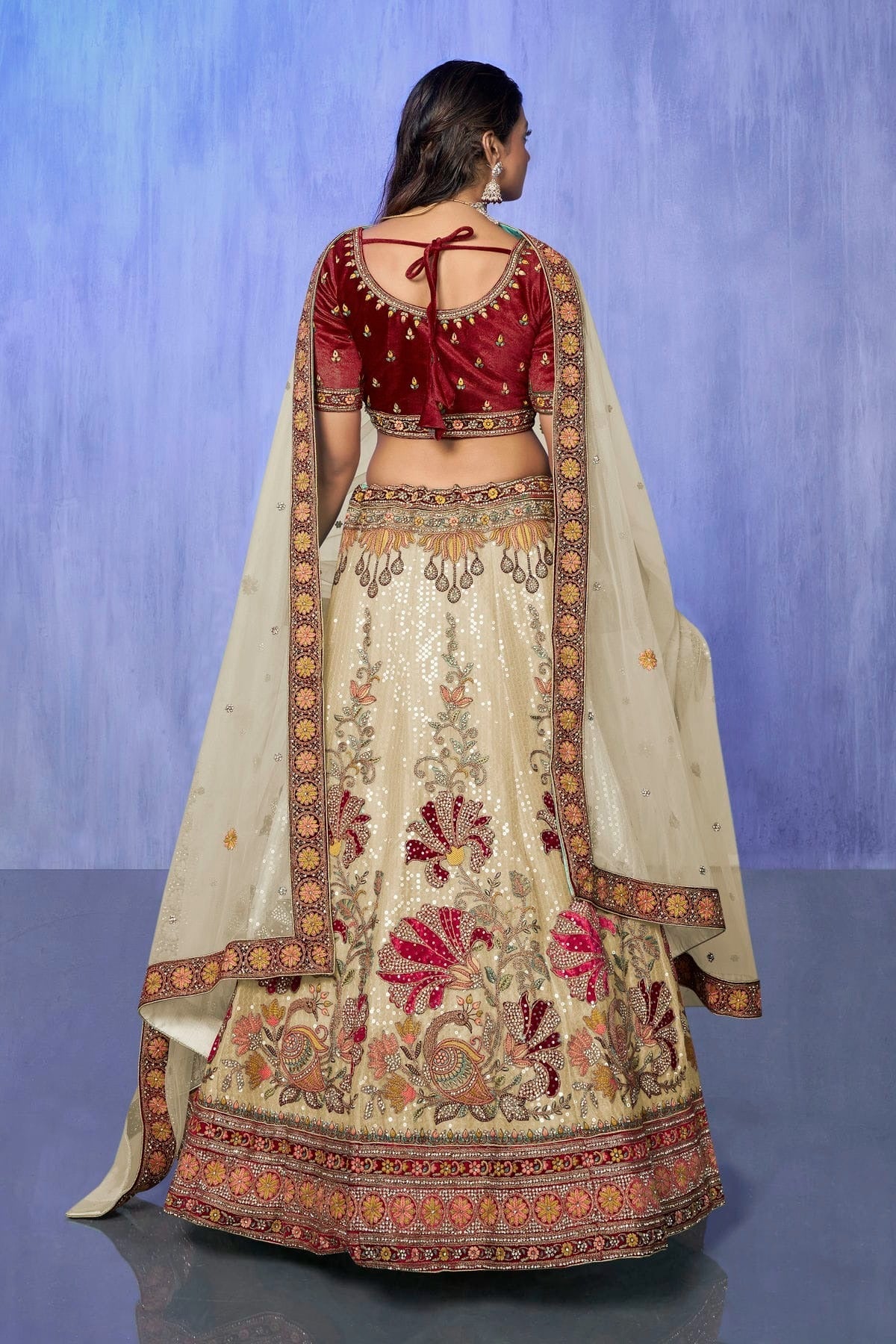 White Colour Embroidery Velvet Lehenga Choli LD1080747 A