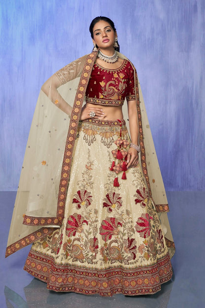 White Colour Embroidery Velvet Lehenga Choli LD1080747