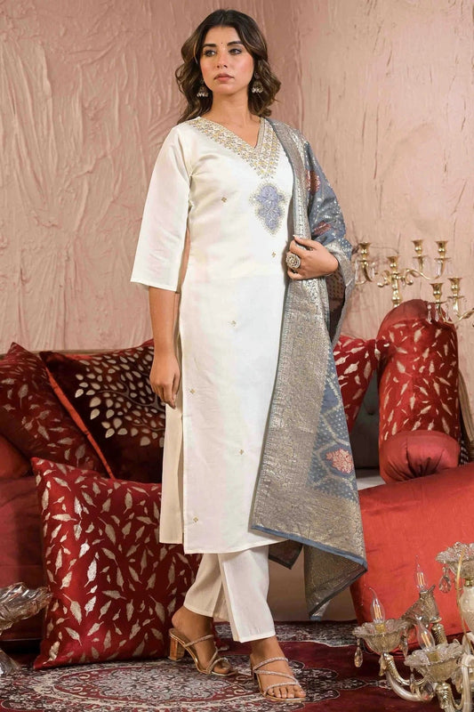 White Colour Embroidery Viscose Chanderi Pant Style Suit SS1113499