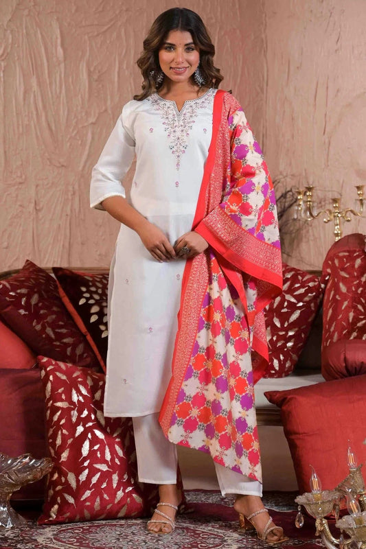 White Colour Embroidery Viscose Chanderi Pant Style Suit SS1113501