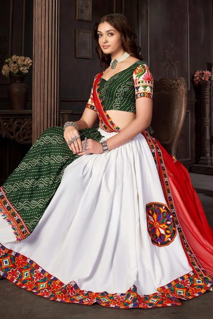 White Colour Embroidery Work Cotton Silk Navratri Lehenga LD1170014 A