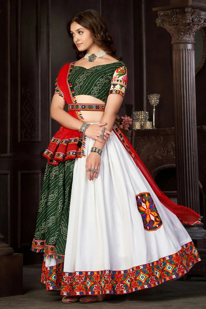 White Colour Embroidery Work Cotton Silk Navratri Lehenga LD1170014