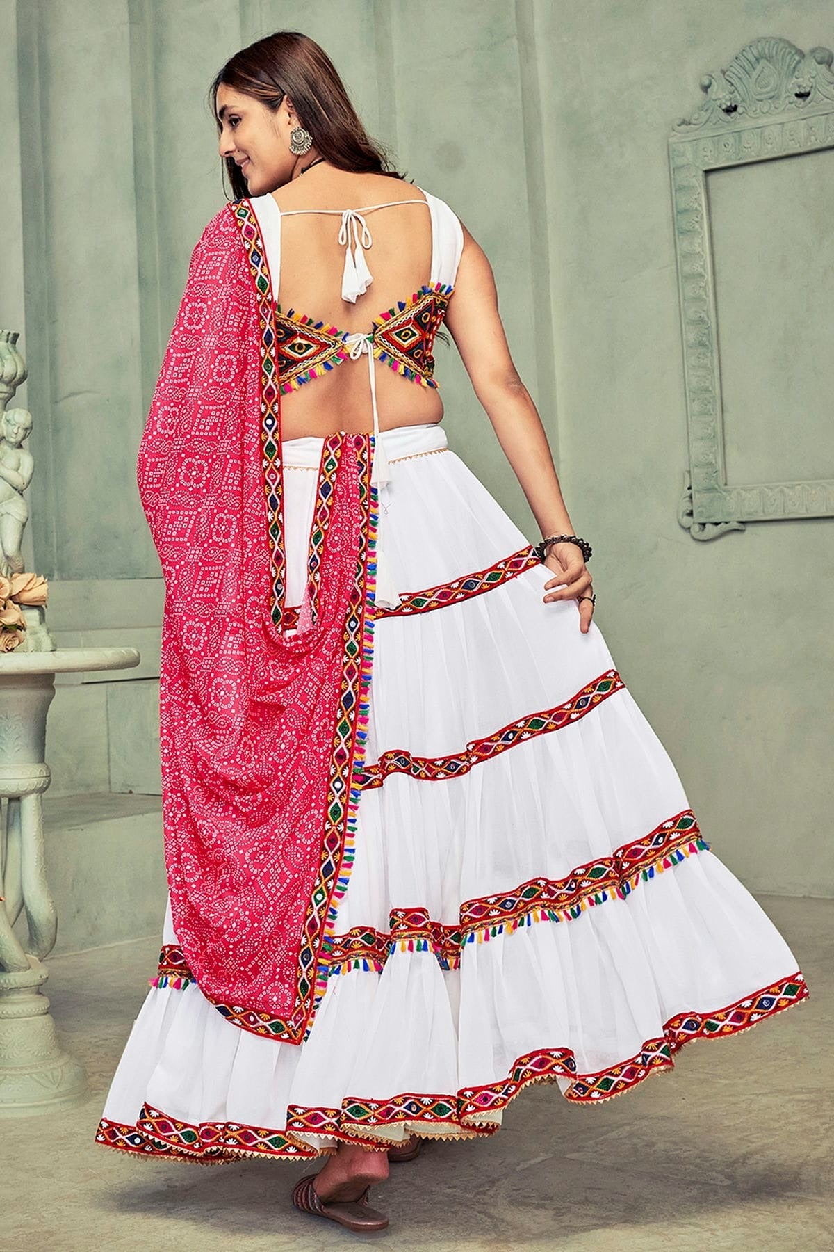 White Colour Embroidery Work Georgette Navratri Lehenga LD1170026 A