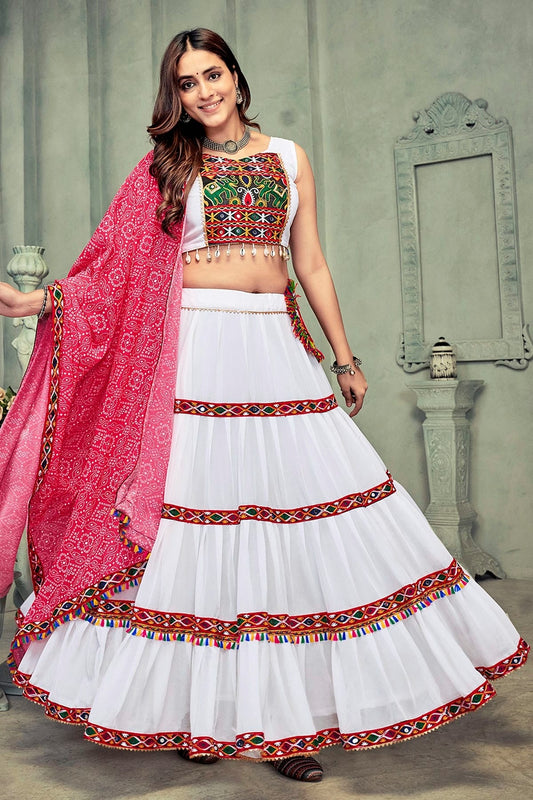 White Colour Embroidery Work Georgette Navratri Lehenga LD1170026