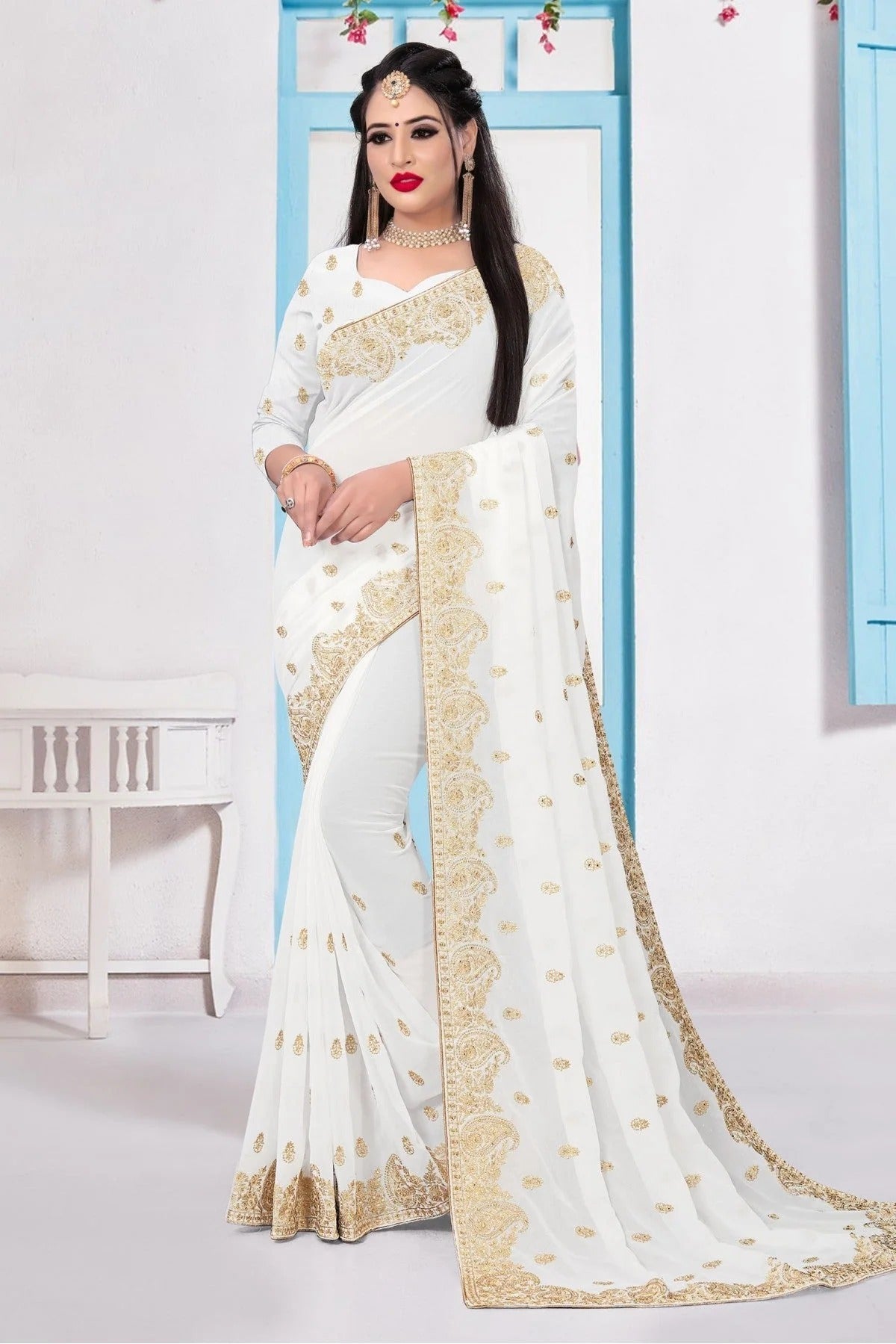White Colour Georgette Embroidery Saree SD1090147