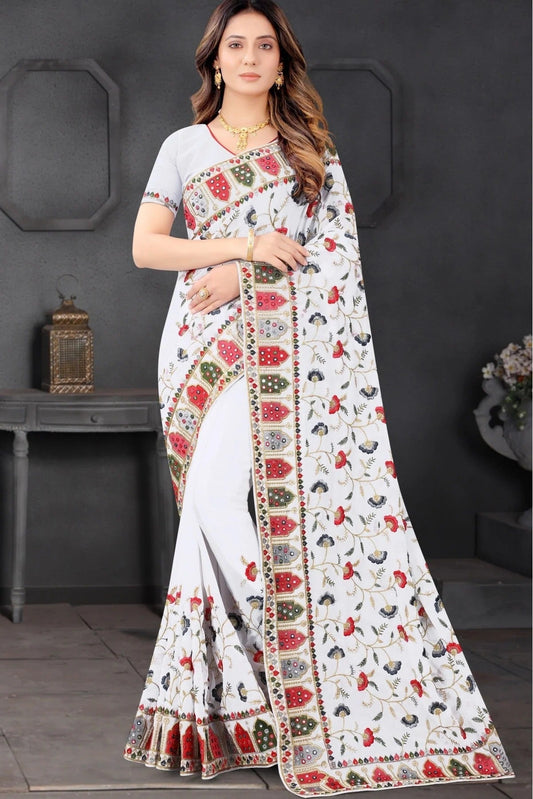 White Colour Georgette Embroidery Saree SD1090203