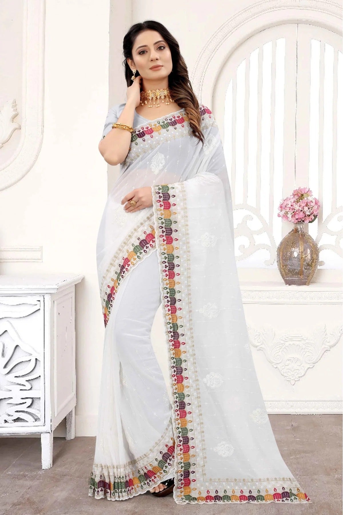 White Colour Georgette Embroidery Saree SD1090280