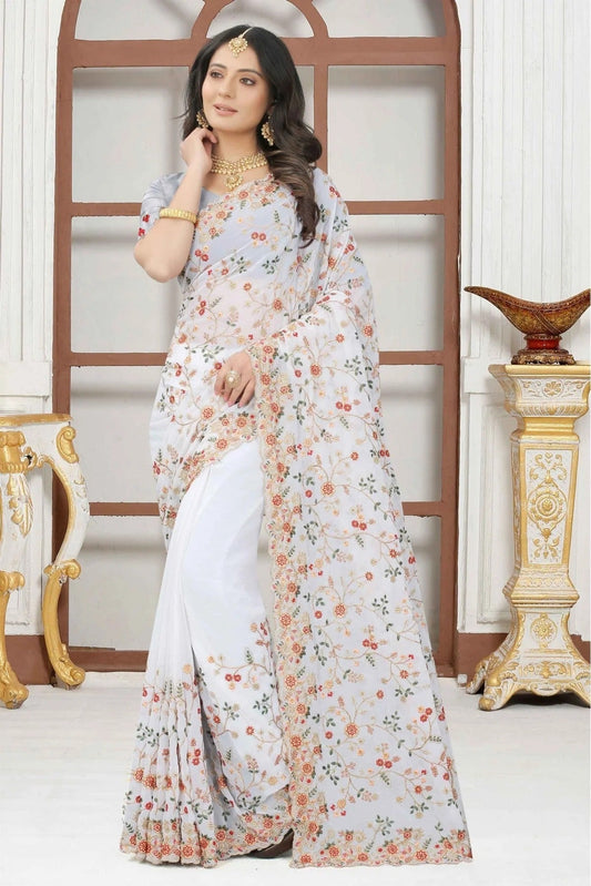 White Colour Georgette Embroidery Saree SD1090318