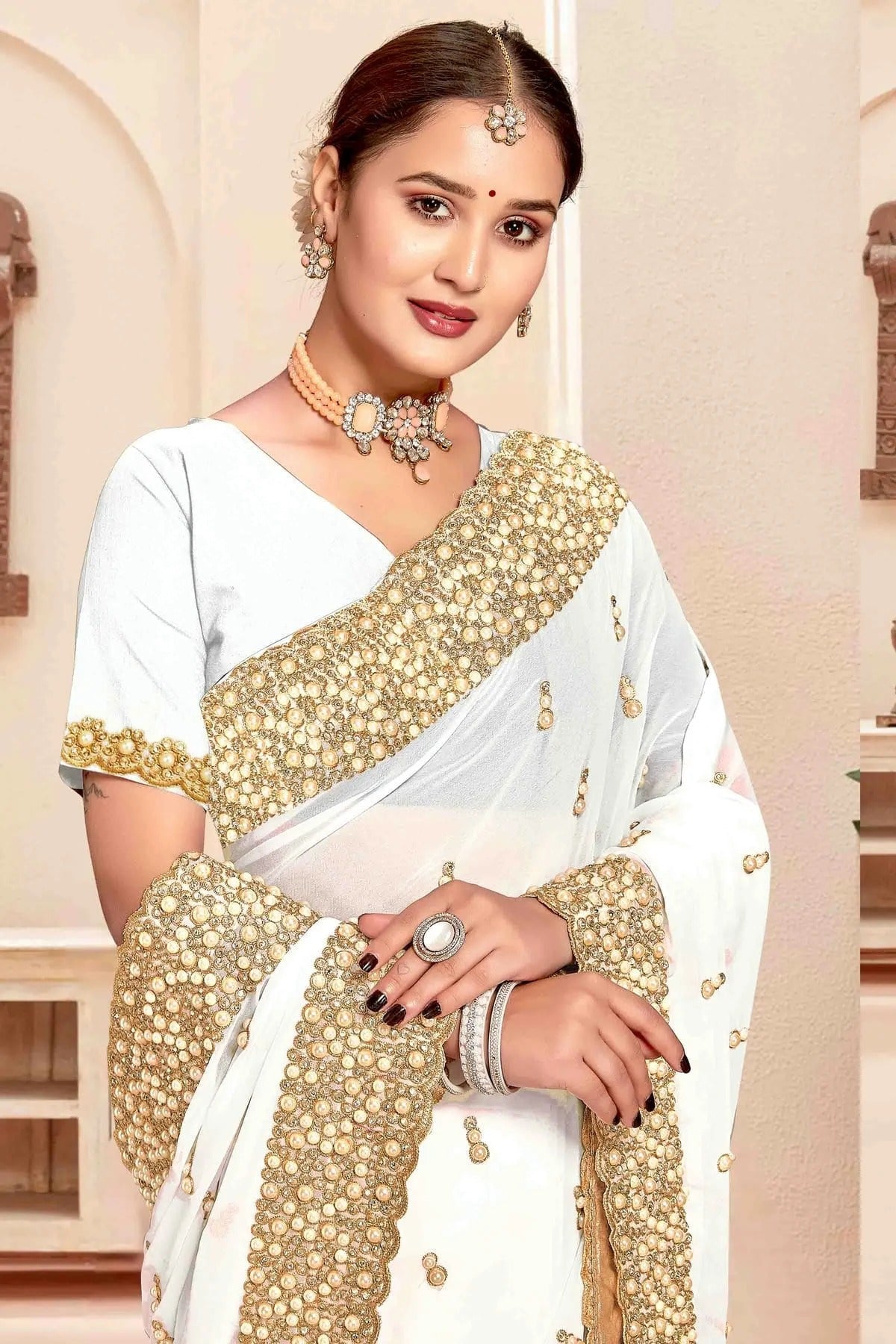 White Colour Georgette Embroidery Work Designer Saree SD1091243 A