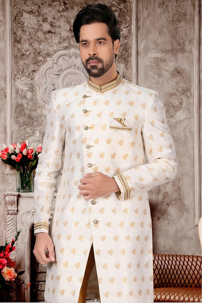 White Colour Jacquard Sherwani SH1040301 A