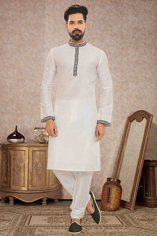 White Colour Kurta Pajama In Dupion Silk KP1210133