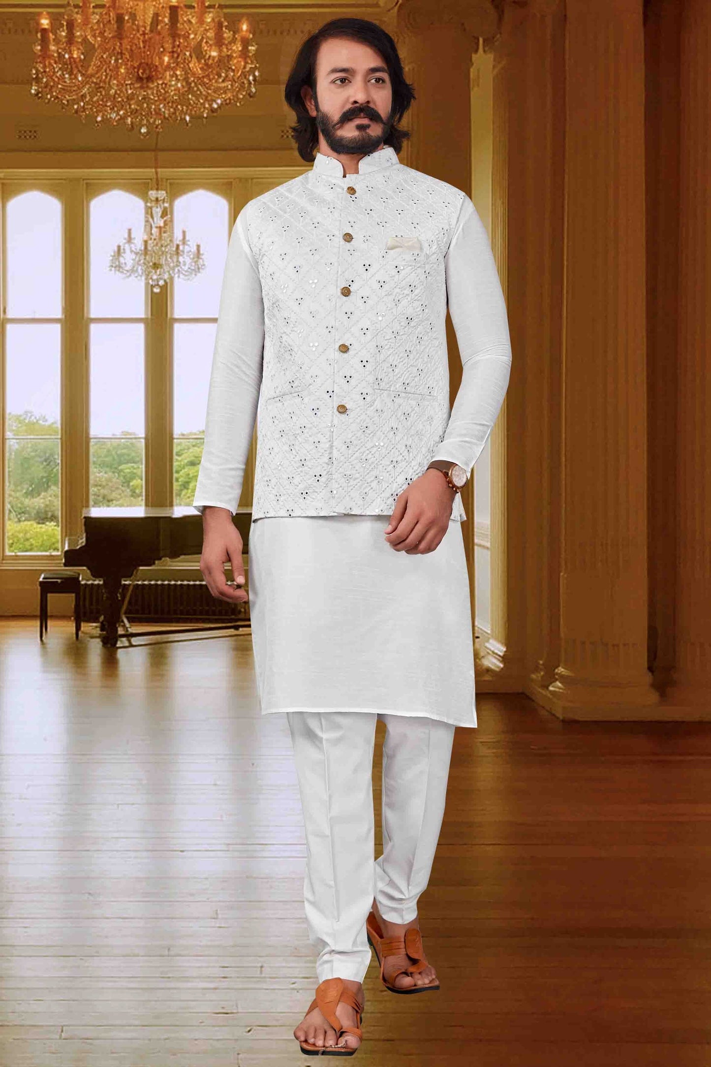 White Colour Kurta Pajama With Jacket In Art Silk KP1210372