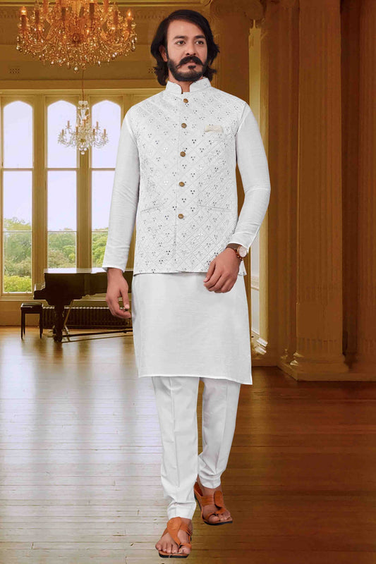 White Colour Kurta Pajama With Jacket In Art Silk KP1210372