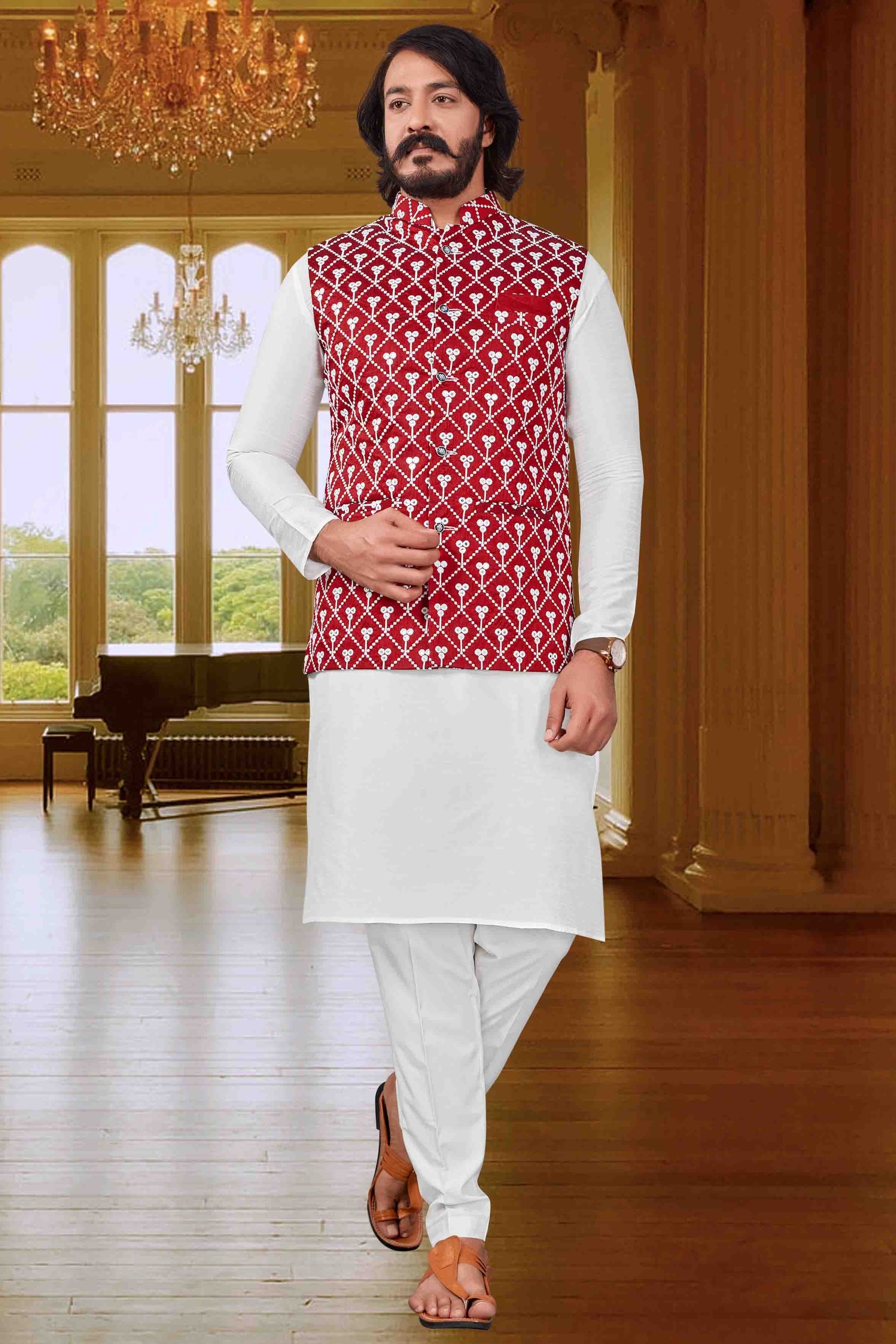 White Colour Kurta Pajama With Jacket In Art Silk KP1210373