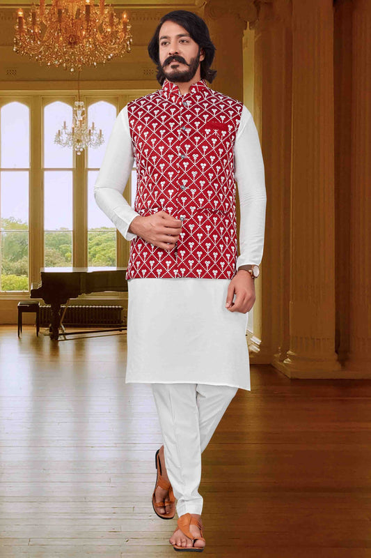 White Colour Kurta Pajama With Jacket In Art Silk KP1210373