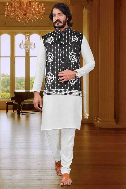 White Colour Kurta Pajama With Jacket In Art Silk KP1210384
