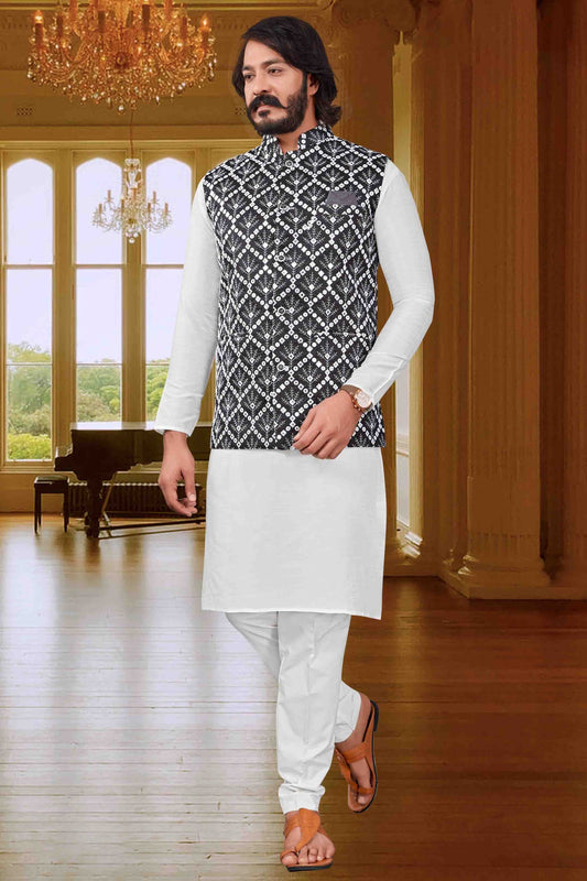 White Colour Kurta Pajama With Jacket In Art Silk KP1210397