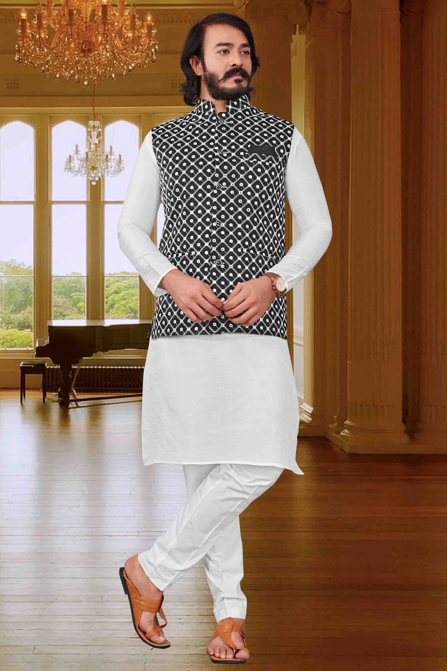 White Colour Kurta Pajama With Jacket In Art Silk KP1210405