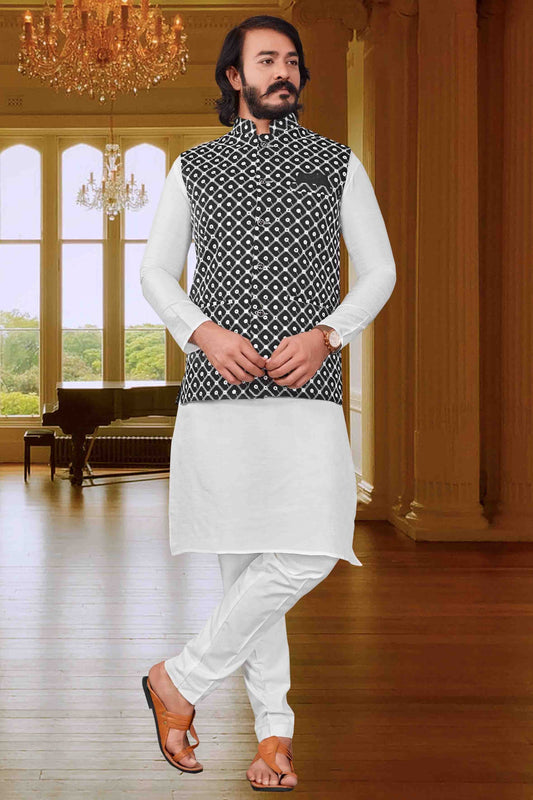 White Colour Kurta Pajama With Jacket In Art Silk KP1210405