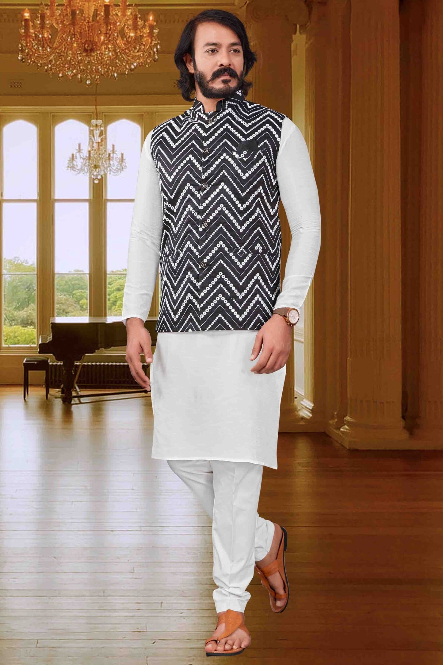 White Colour Kurta Pajama With Jacket In Art Silk KP1210416