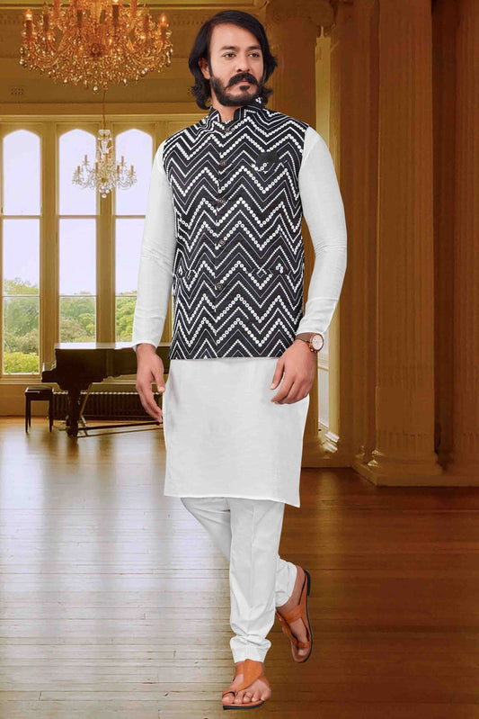 White Colour Kurta Pajama With Jacket In Art Silk KP1210416
