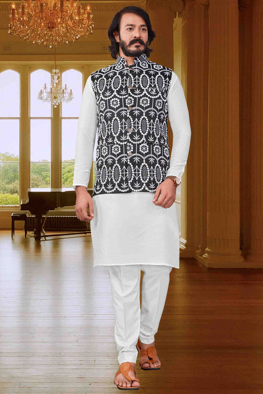 White Colour Kurta Pajama With Jacket In Art Silk KP1210421