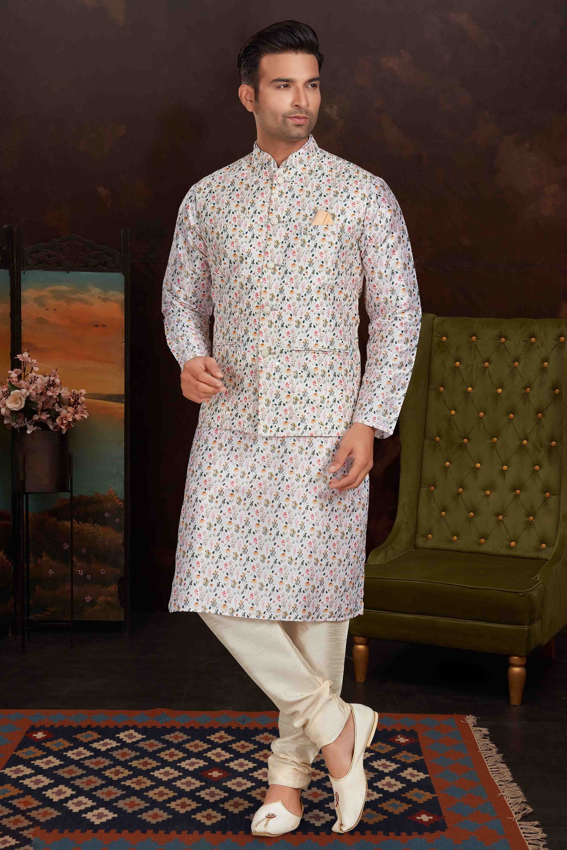 White Colour Kurta Pajama With Jacket In Malai Silk KP1210430 A