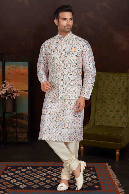 White Colour Kurta Pajama With Jacket In Malai Silk KP1210430 A