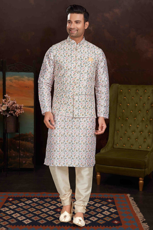 White Colour Kurta Pajama With Jacket In Malai Silk KP1210430