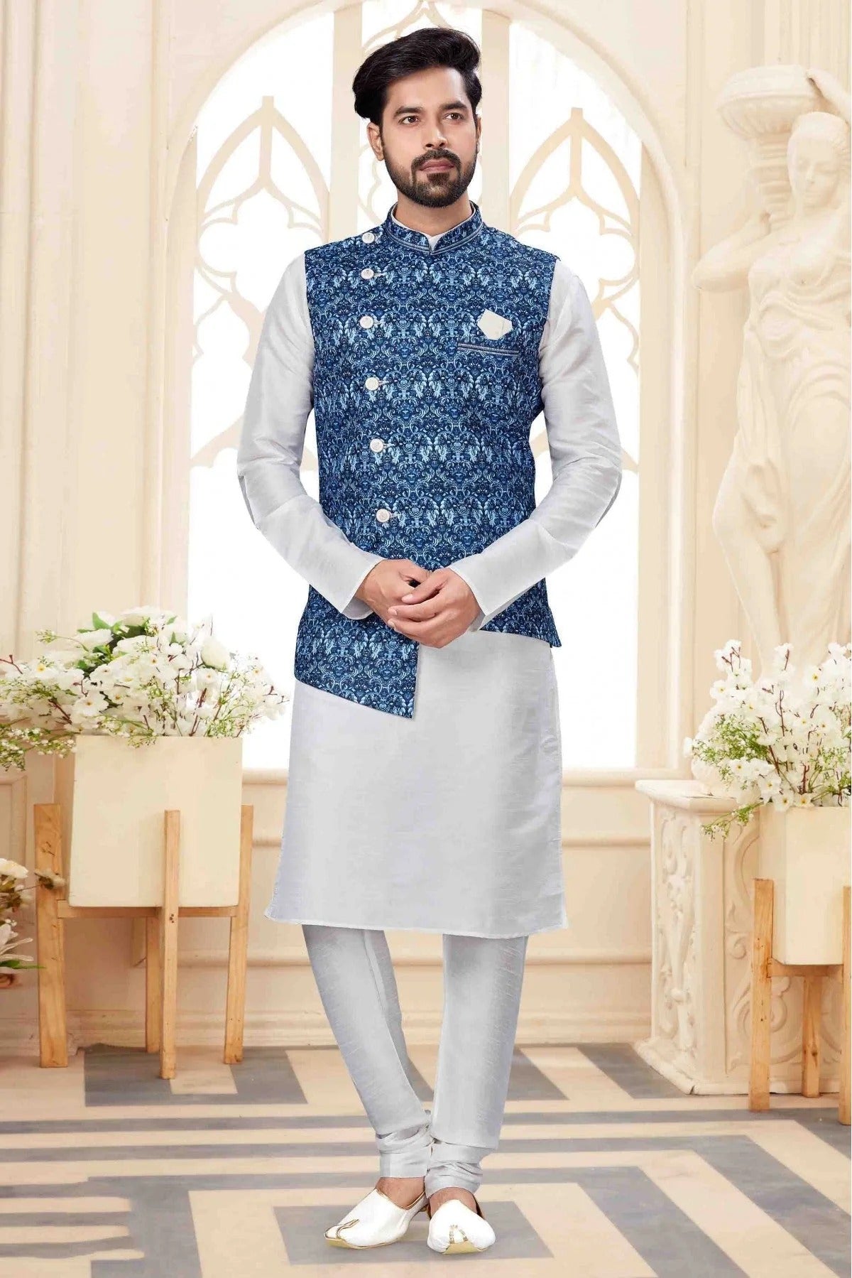 White Colour Kurta Pajama With Jacket In Silk Dupion Fabric KP1040171