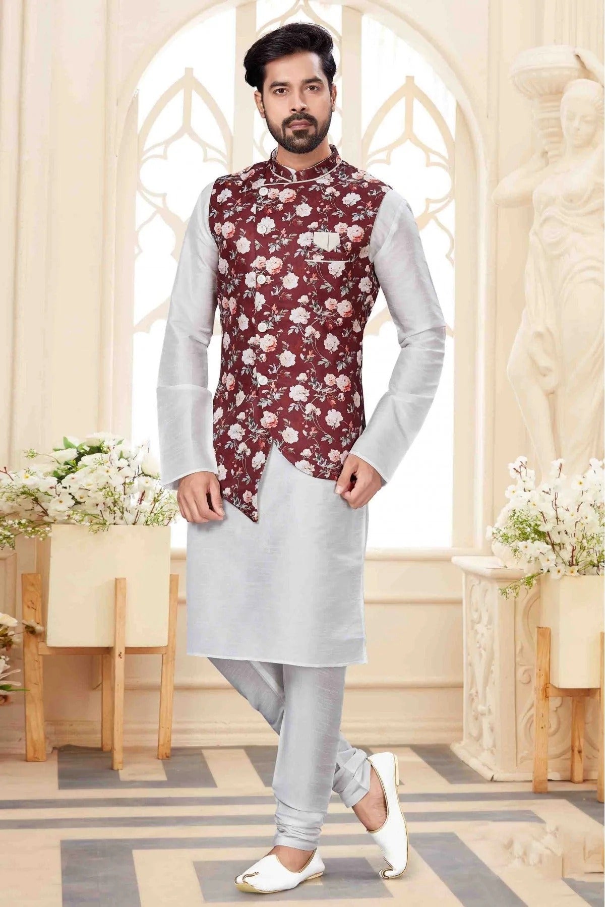 White Colour Kurta Pajama With Jacket In Silk Dupion Fabric KP1040172