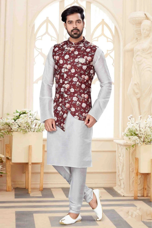 White Colour Kurta Pajama With Jacket In Silk Dupion Fabric KP1040172