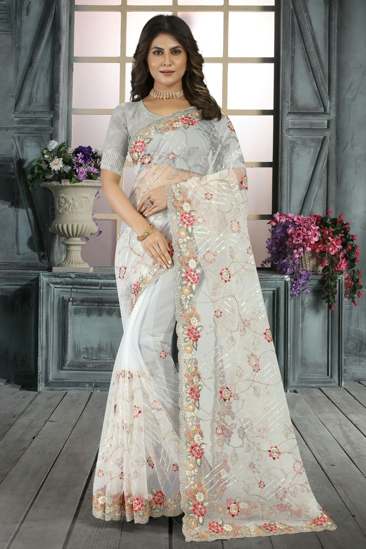 White Colour Net Designer Saree LC1121406