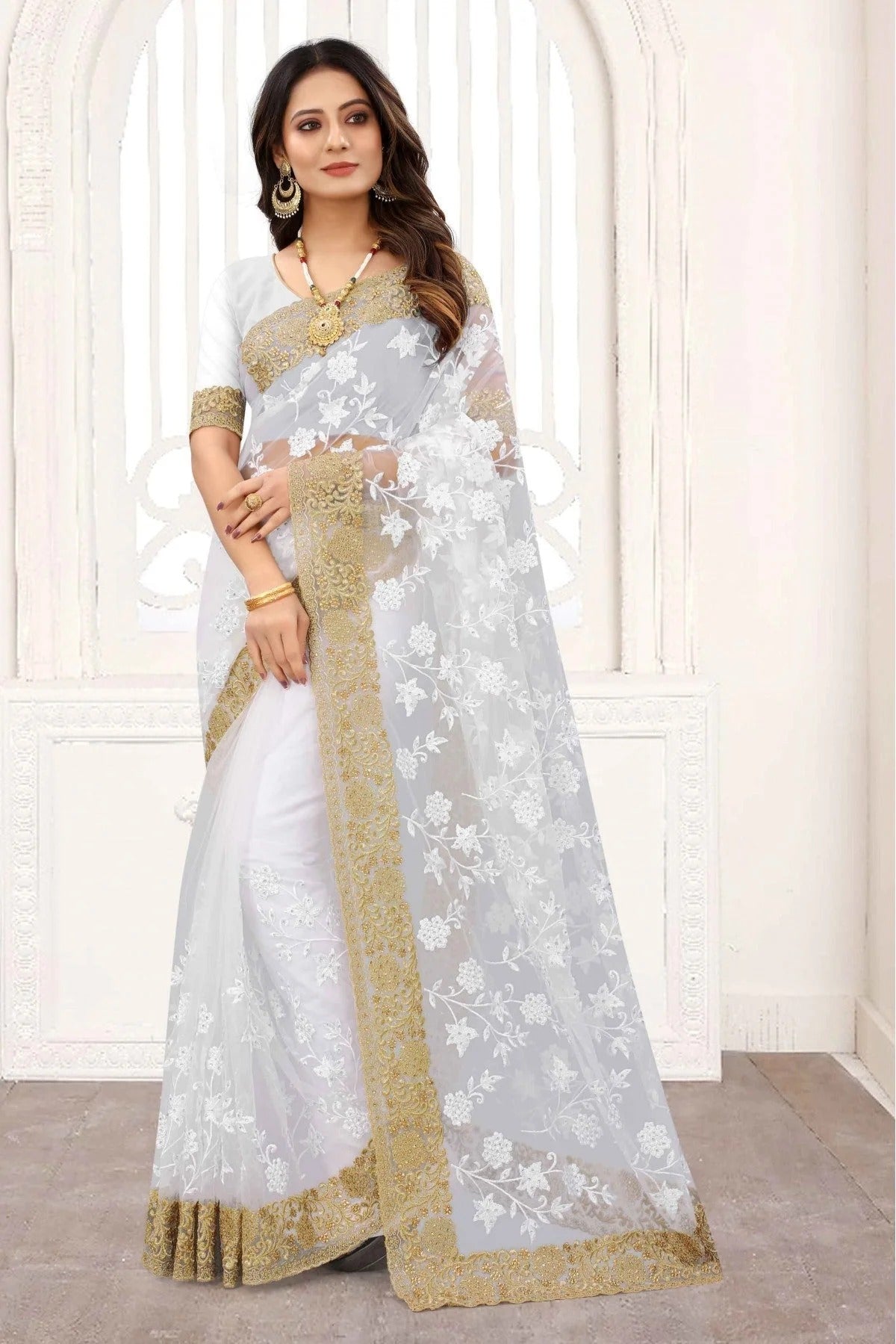 White Colour Net Designer Saree SD1120839
