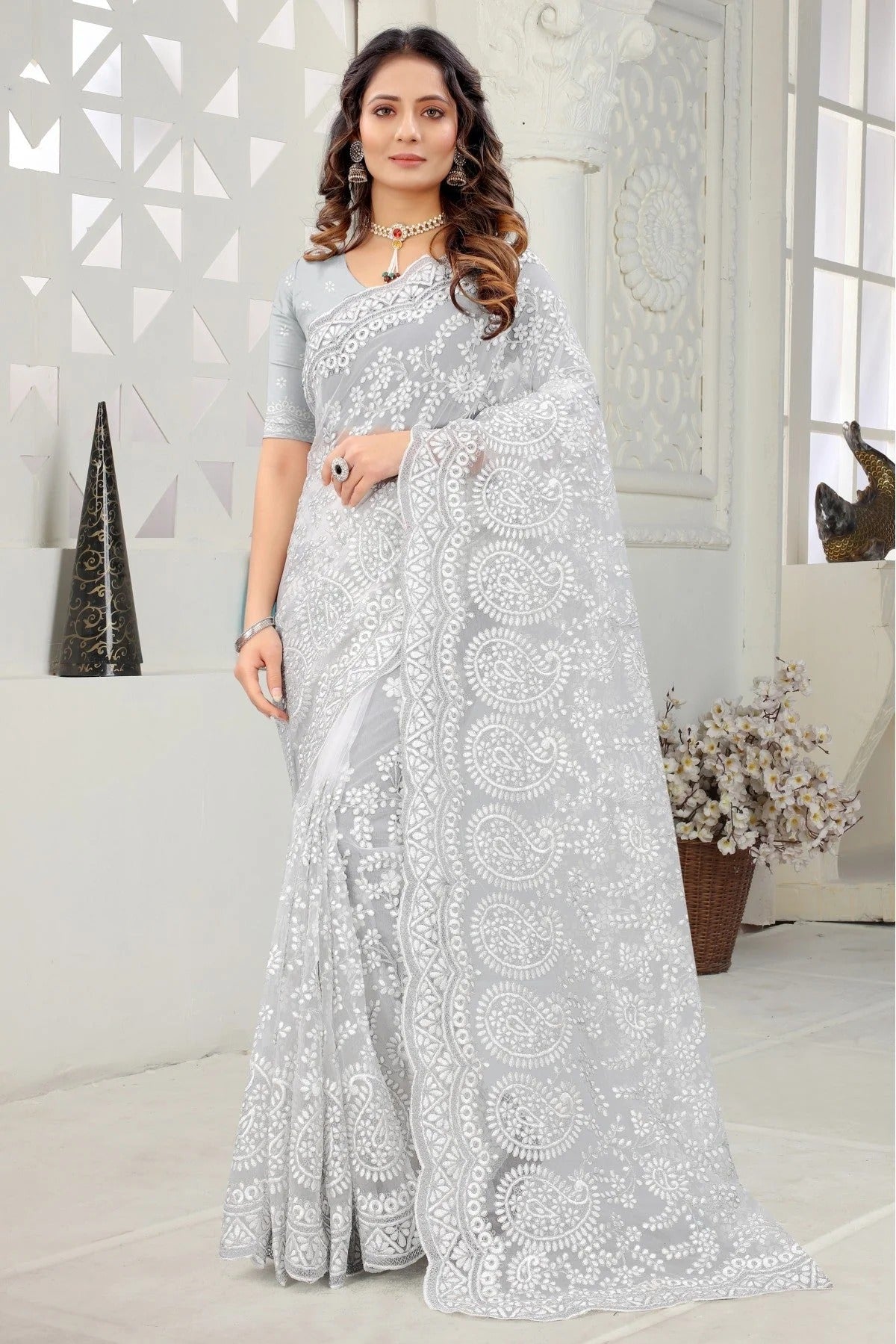 White Colour Net Embroidery Saree SD1090229