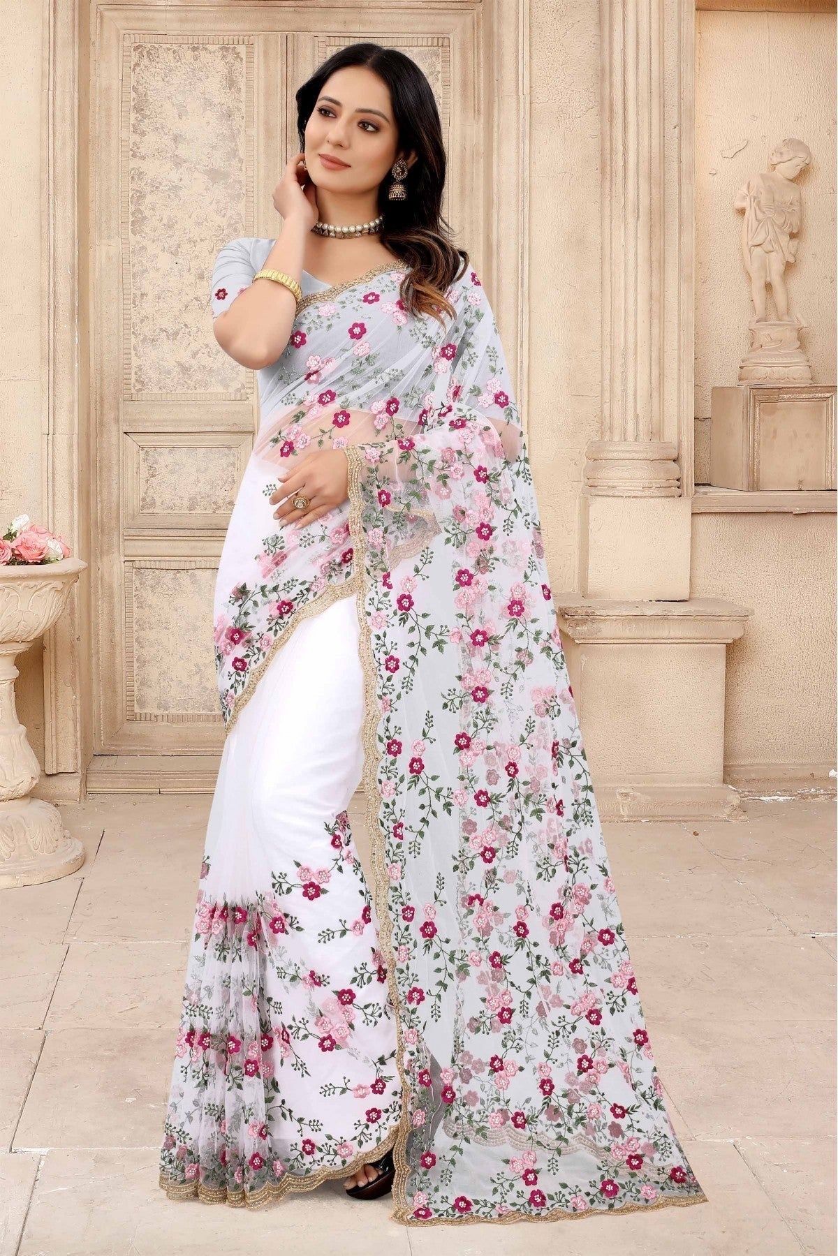 White Colour Net Embroidery Saree SD1090309