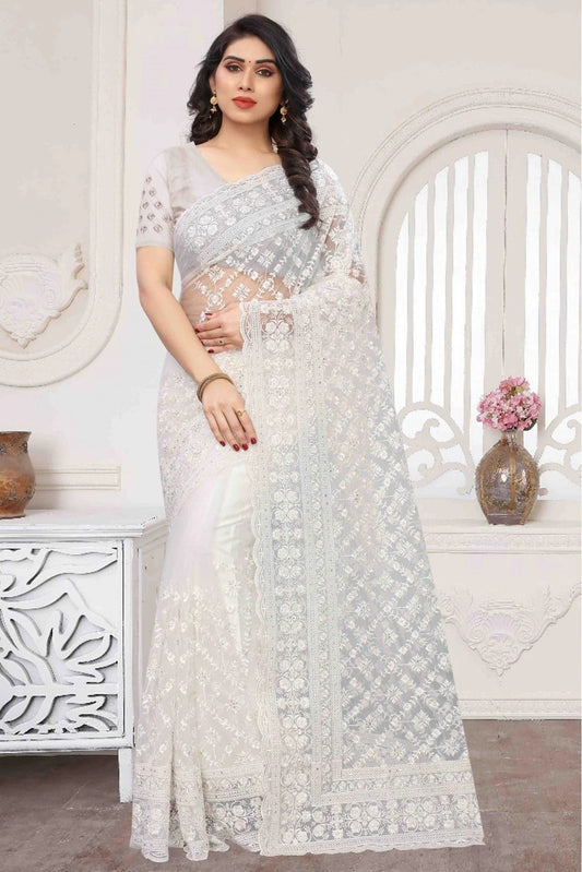 White Colour Net Embroidery Saree SD1090358