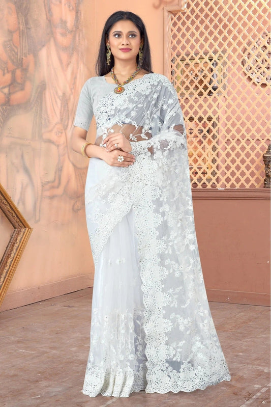 White Colour Net Embroidery Saree SD1090393