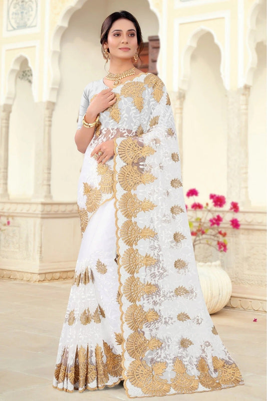White Colour Net Embroidery Saree SD1090438