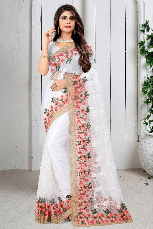 White Colour Net Embroidery Saree SD1090447