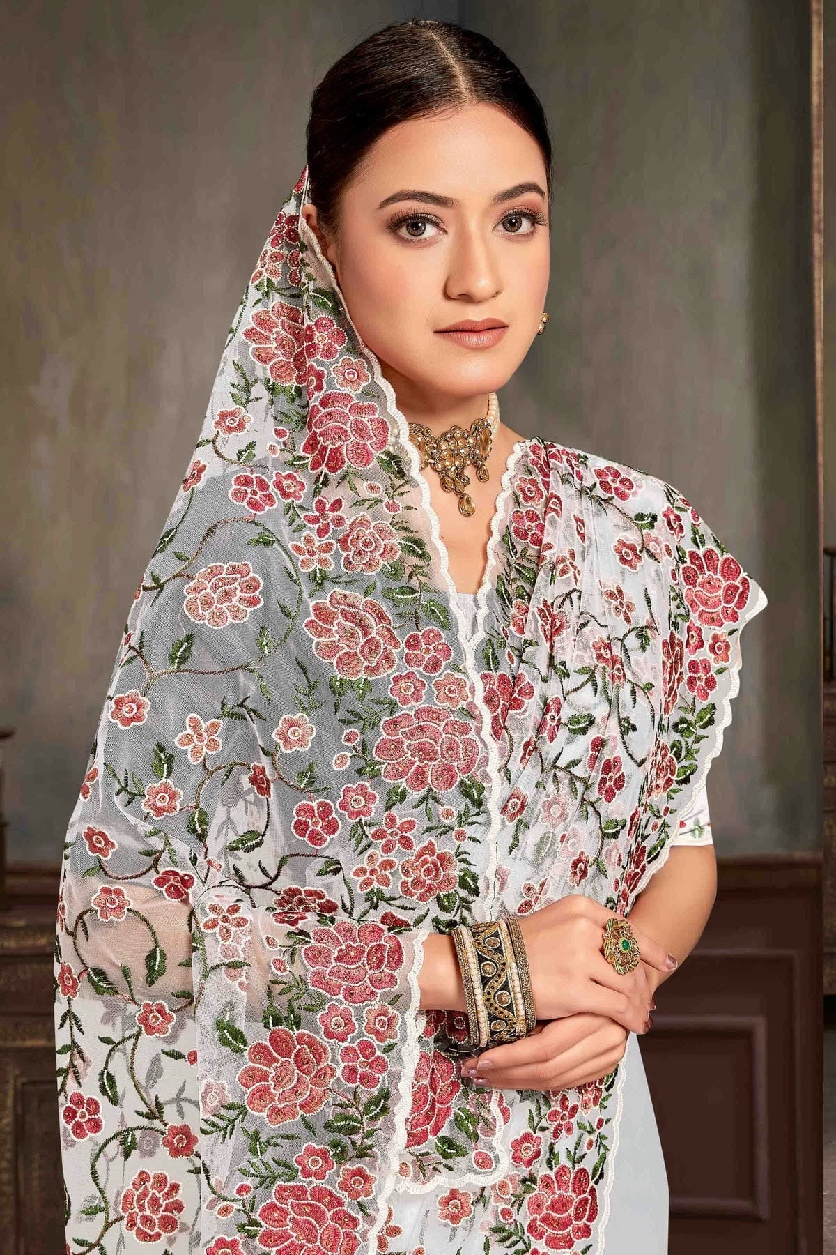 White Colour Net Embroidery Work Designer Saree SD1091232 A