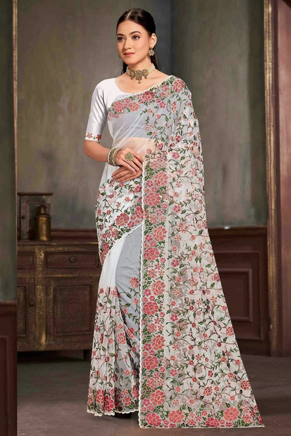 White Colour Net Embroidery Work Designer Saree SD1091232