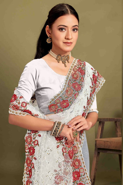 White Colour Net Embroidery Work Designer Saree SD1091237 A