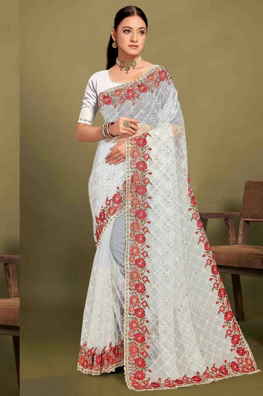 White Colour Net Embroidery Work Designer Saree SD1091237