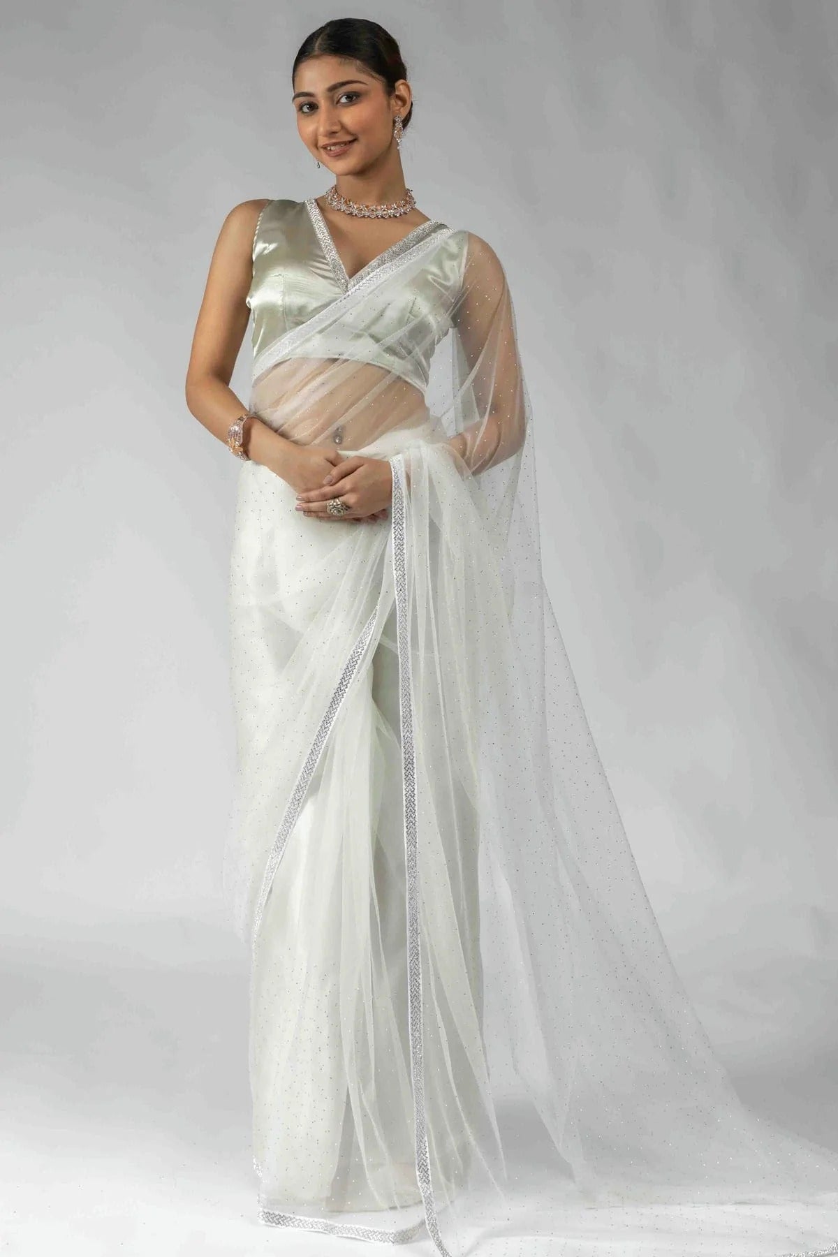 White Colour Net Ready To Wear Saree SD1122054