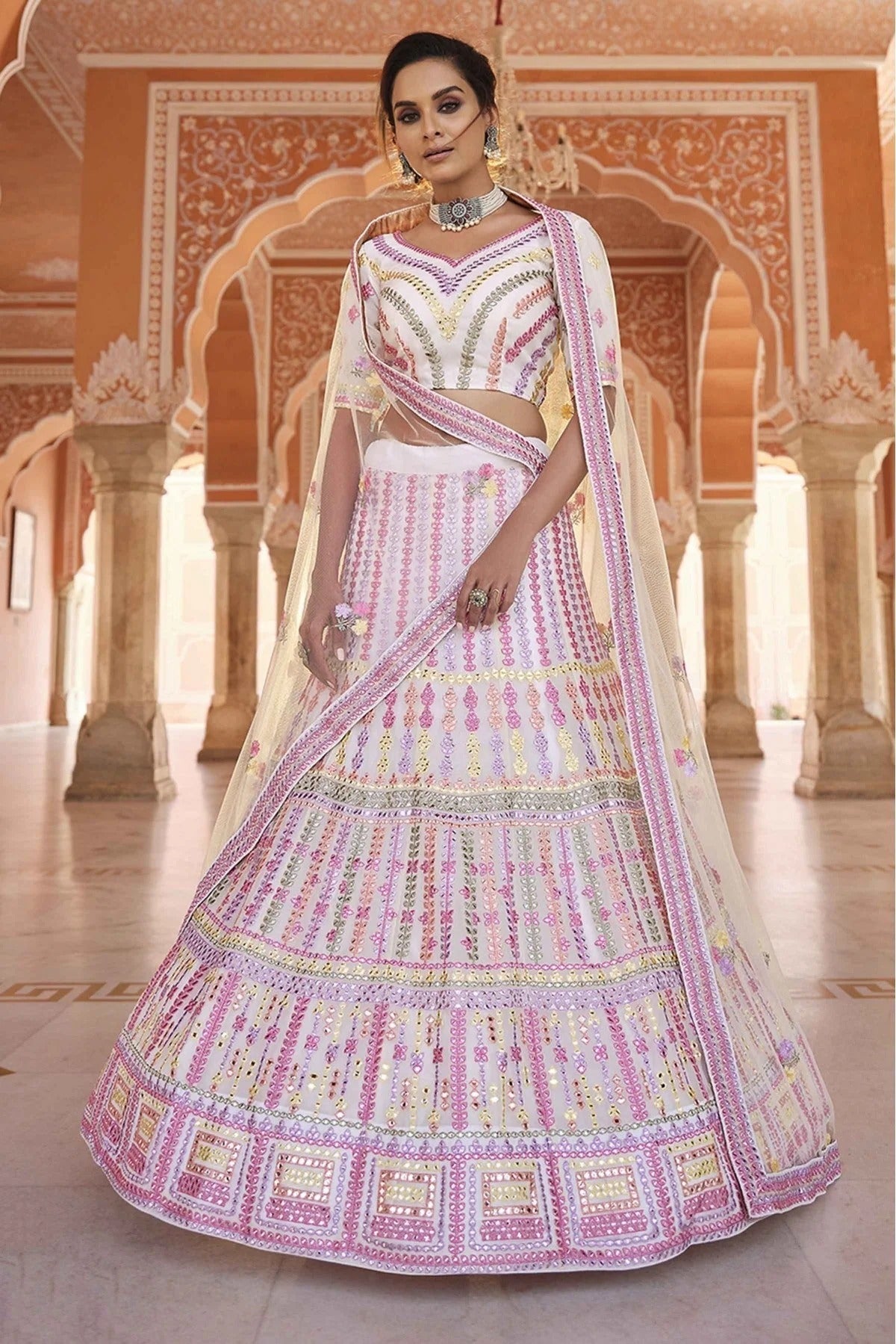 White Colour Organza Thread Work Lehenga Choli LC1080325