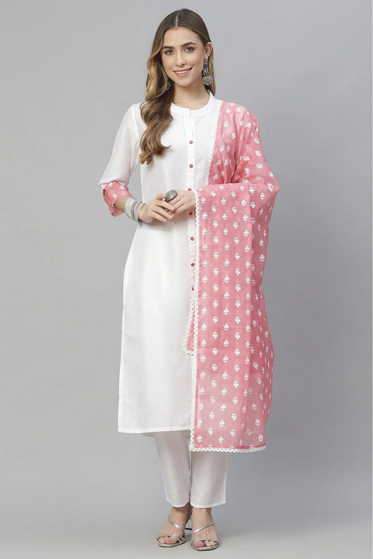 White Colour Plus Size Chiffon Printed Kurti Pant And Dupatta Set KR1060181