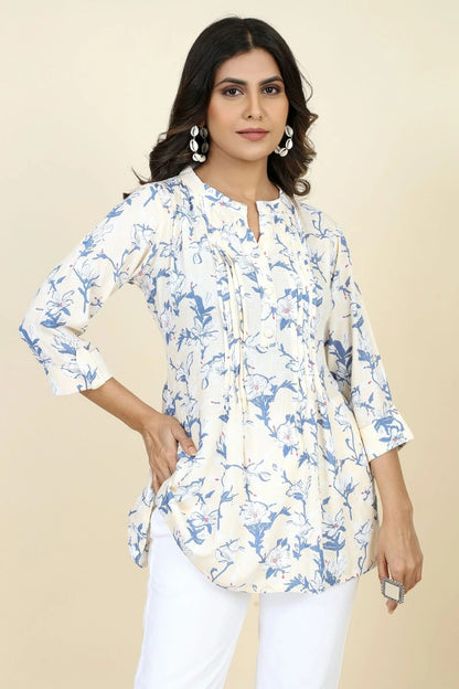 White Colour Rayon Printed Work Readymade Top TP1110749